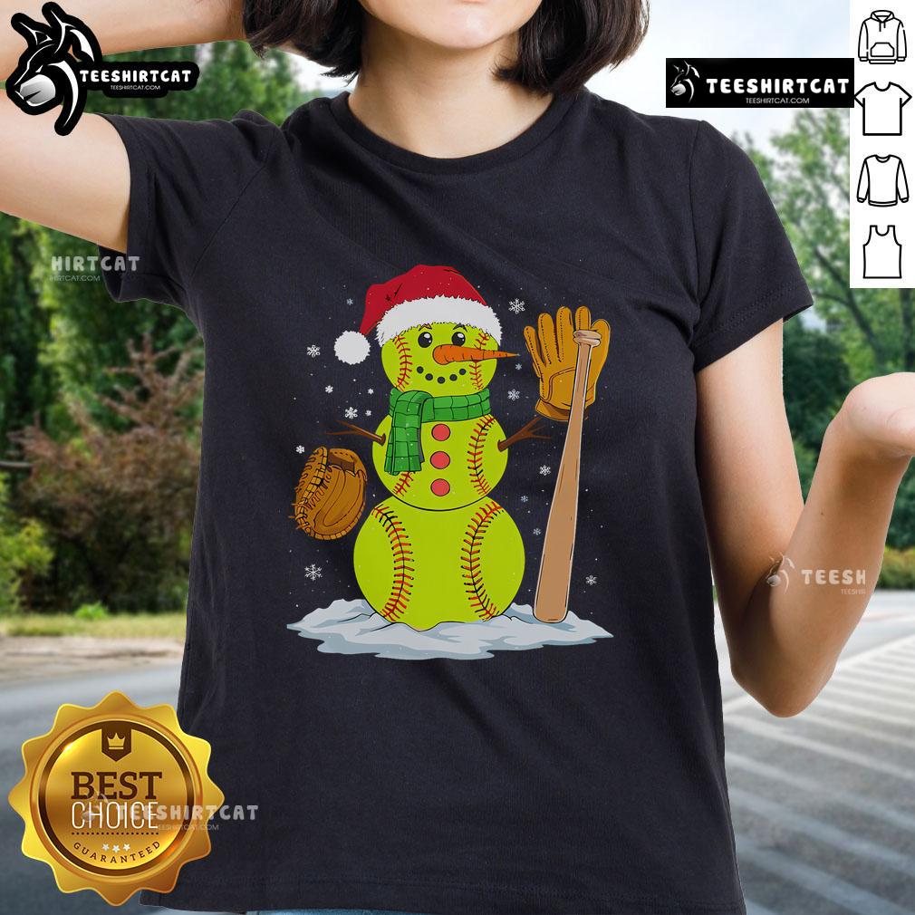 Adorable Christmas snowman as a softball pitcher on a ladies tee, perfect for festive sports enthusiasts.