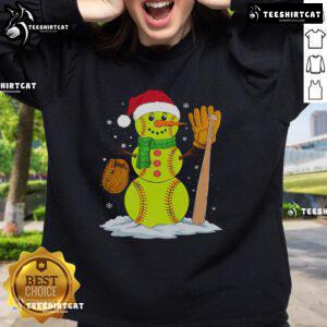Festive Christmas sweatshirt featuring a cute snowman as a softball pitcher for a fun holiday look.