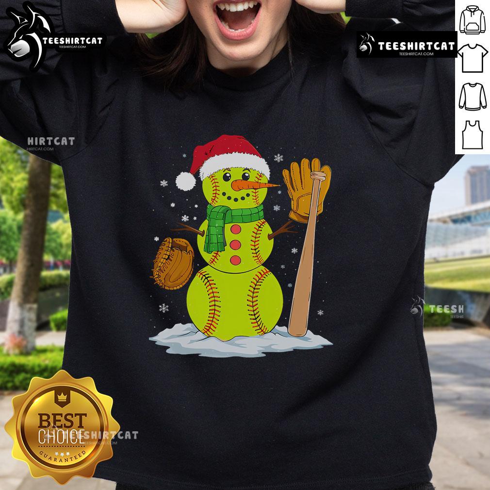 Festive Christmas sweatshirt featuring a cute snowman as a softball pitcher for a fun holiday look.