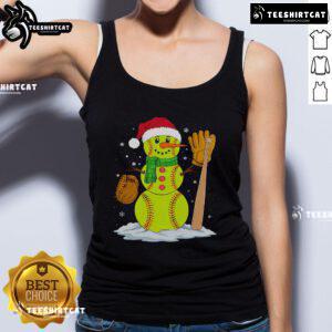 Festive Christmas snowman as a softball pitcher wearing a cheerful Xmas tank top, perfect for holiday sports lovers.