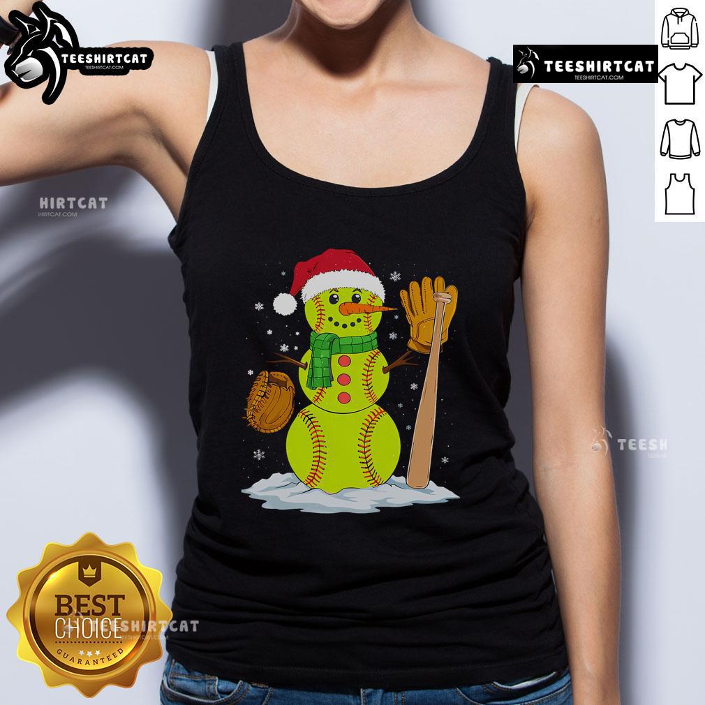 Festive Christmas snowman as a softball pitcher wearing a cheerful Xmas tank top, perfect for holiday sports lovers.