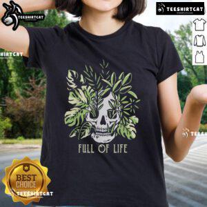 Colorful skull gardening design on a ladies' tee, showcasing a vibrant, life-filled garden theme for gardening enthusiasts.