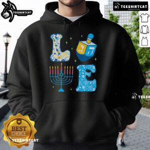 Cozy hoodie featuring a cute Hanukkah dreidel and menorah design, perfect for celebrating Chanukah and Jewish holidays.