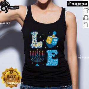 Colorful Hanukkah dreidel and menorah graphic on a cute tank top, perfect for celebrating Chanukah in style.