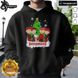 Nice Peanuts characters on a Tampa Bay Buccaneers Christmas tree hoodie, perfect for holiday football fans.