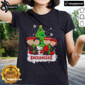 Nice Peanuts characters on a Tampa Bay Buccaneers Christmas tree ladies tee for festive NFL fans.
