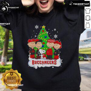 Alt Text: Nice Peanuts characters on a Tampa Bay Buccaneers Christmas tree sweatshirt, perfect for holiday fans.