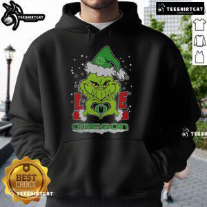 2024 Oregon Ducks Football Christmas Hoodie featuring Nice The Grinch and a love heart design, perfect for holiday fans.
