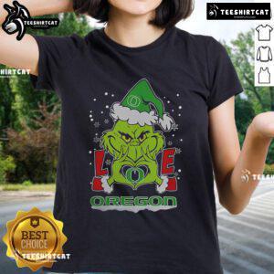 Nice The Grinch Love Heart 2024 Oregon Ducks Football Christmas Ladies Tee featuring festive design and team spirit.