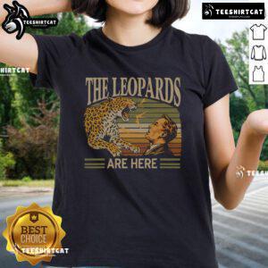 Vintage The Leopards Are Here meme ladies tee featuring a playful leopard graphic on a stylish shirt.