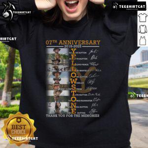 Yellowstone 07th Anniversary 2018-2025 sweatshirt featuring 'Thank You For The Memories' design in vibrant colors.