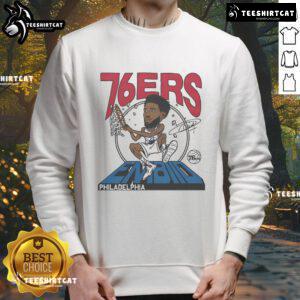 Official 76ers Joel Embiid signature sweatshirt featuring team colors and logo, perfect for fans and fashion.