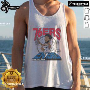 Official 76ers Joel Embiid Signature Tank Top featuring team colors and player graphics, perfect for fans and summer wear.