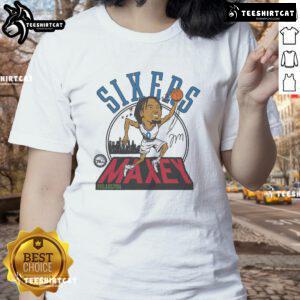 Official 76ers Tyrese Maxey signature ladies tee featuring team colors and stylish design for fans of all ages.