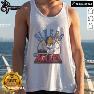 Official 76ers Tyrese Maxey signature tank top featuring team colors and logo, perfect for fans and basketball enthusiasts.