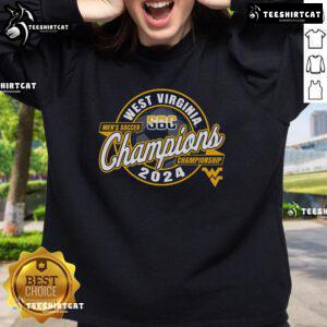 Official Virginia Mountaineers 2024 SBC Men's Soccer Tournament Champions sweatshirt in navy blue with logo.