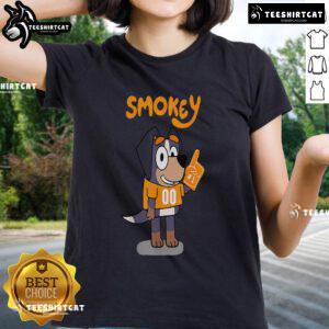 Alt Text: Cartoon of an orange-blooded Tennessee hound on a ladies tee, perfect for dog lovers and Tennessee fans.