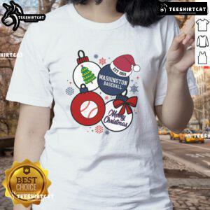 Pretty Merry Christmas Washington Baseball Est 1969 Ladies Tee featuring festive design and vibrant colors for holiday cheer.