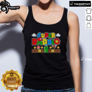 Cool dad in 'Pretty Super Daddio' tank top, gaming with Super Mario, showcasing love for video games and fatherhood.