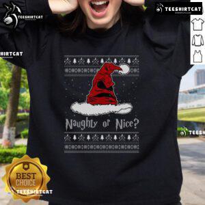 Top Naughty or Nice Sorting Santa Claus ugly Christmas sweatshirt design featuring a playful holiday theme.