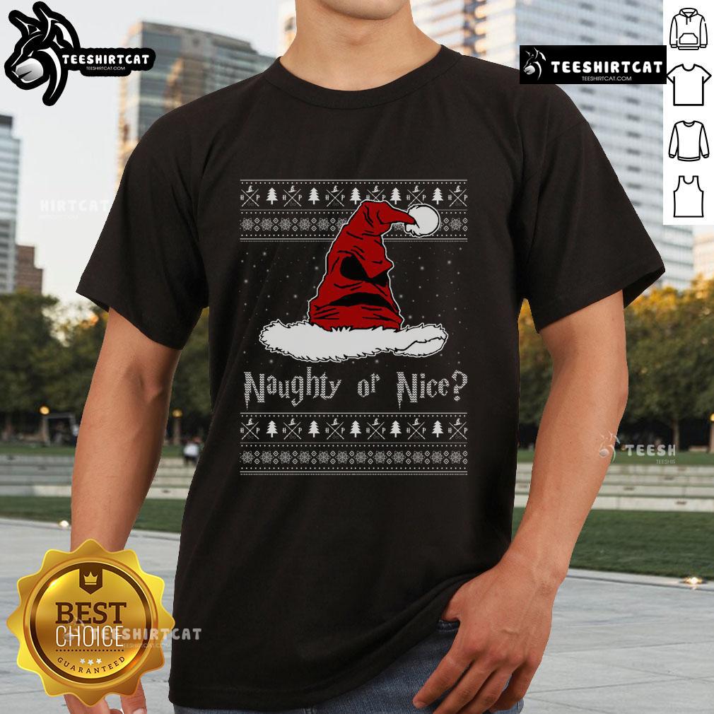 Top Naughty or Nice Sorting Santa Claus wearing an ugly Christmas T-shirt, perfect for festive holiday gatherings.
