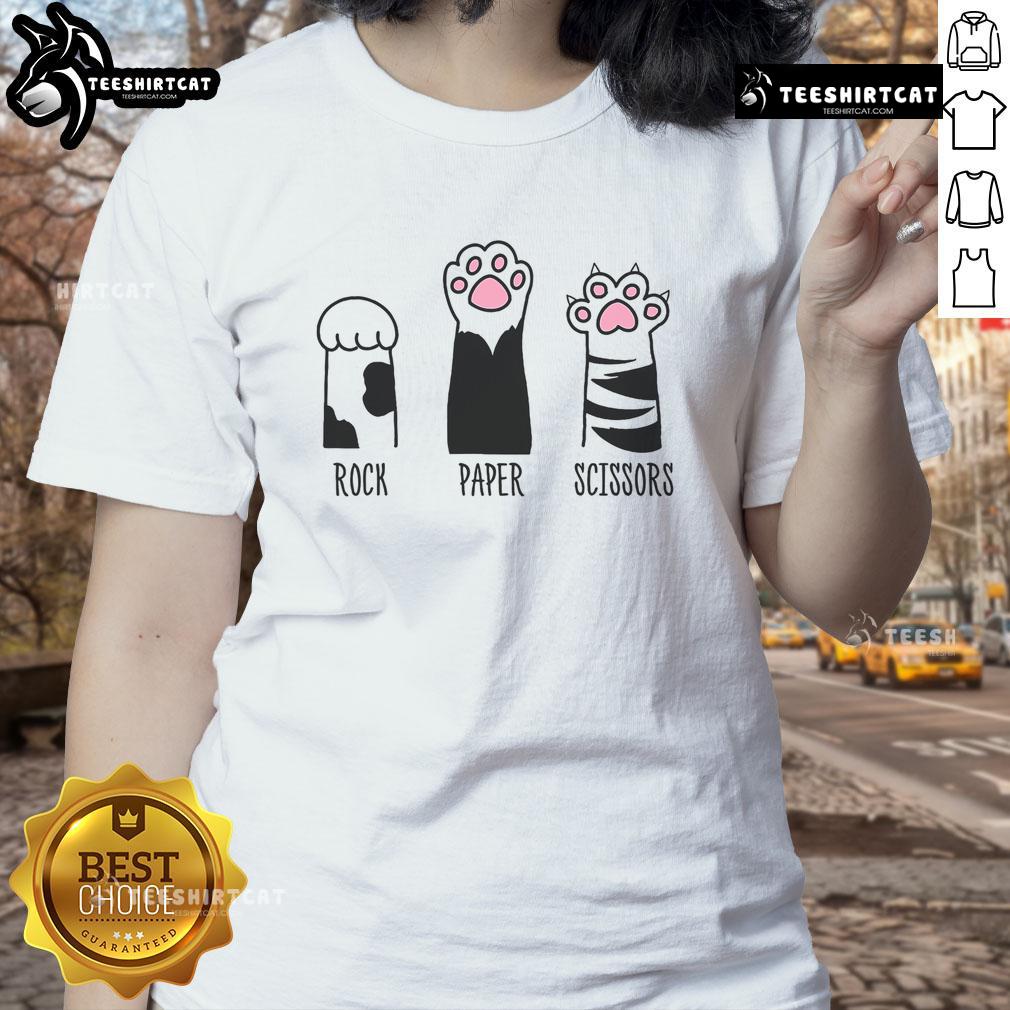 Cute Rock Paper Scissors funny hand game design featuring a playful cat in paws, perfect for ladies' tee shirts.
