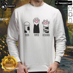 Adorable cat paws play rock-paper-scissors on a funny sweatshirt, perfect for kitty lovers and game enthusiasts.