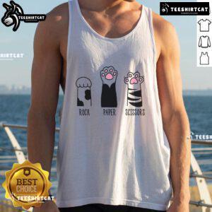 Cute rock-paper-scissors game design featuring playful kitty paws on a tank top, perfect for cat lovers and fun fashion.