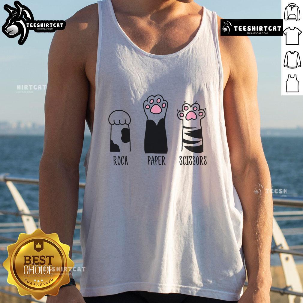 Cute rock-paper-scissors game design featuring playful kitty paws on a tank top, perfect for cat lovers and fun fashion.