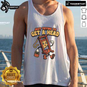 Funny guillotine tank top with 'Just Trying to Get a Head' slogan, perfect for humor lovers and unique fashion enthusiasts.
