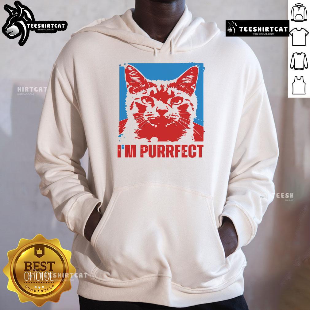 Alt Text: Funny 'I'm Purrfect' quote on a cat hoodie, featuring a cute cat graphic, perfect for cat lovers and casual wear.