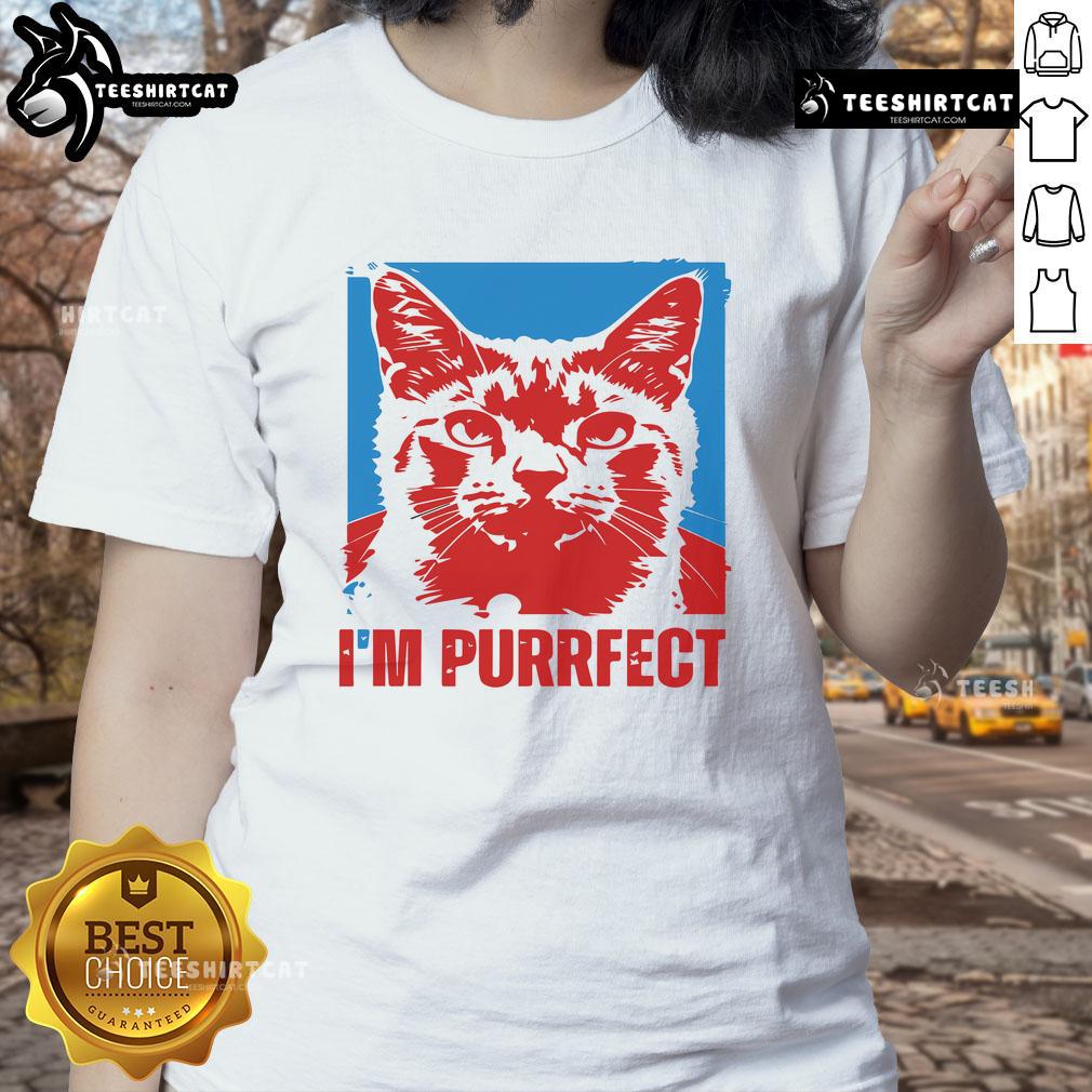 Alt Text: Funny I'm Purrfect positive quote on a cat ladies tee, featuring a cute cat graphic and vibrant colors.