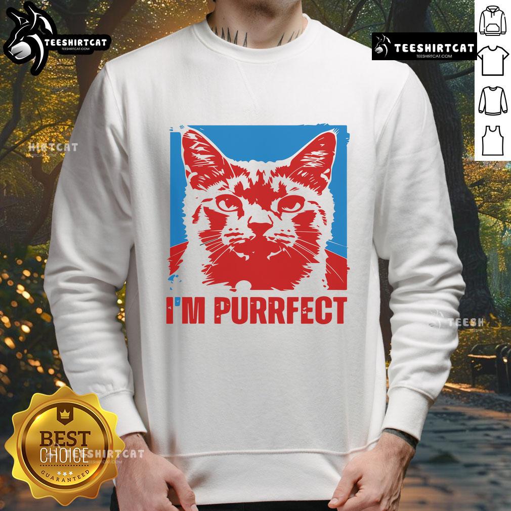 Funny 'I'm Purrfect' positive quote cat sweatshirt design featuring a playful cat illustration and vibrant colors.