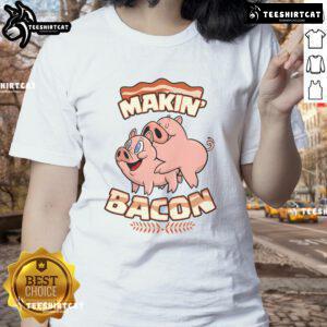 Funny Makin' Bacon Pig ornament on a zany metallic star, perfect for meatatarians - Women's Tee design.