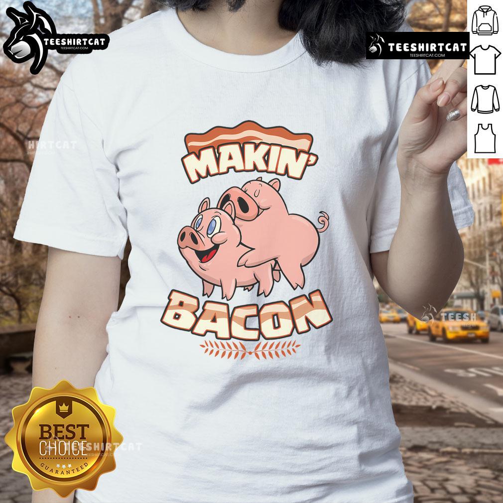 Funny Makin' Bacon Pig ornament on a zany metallic star, perfect for meatatarians - Women's Tee design.