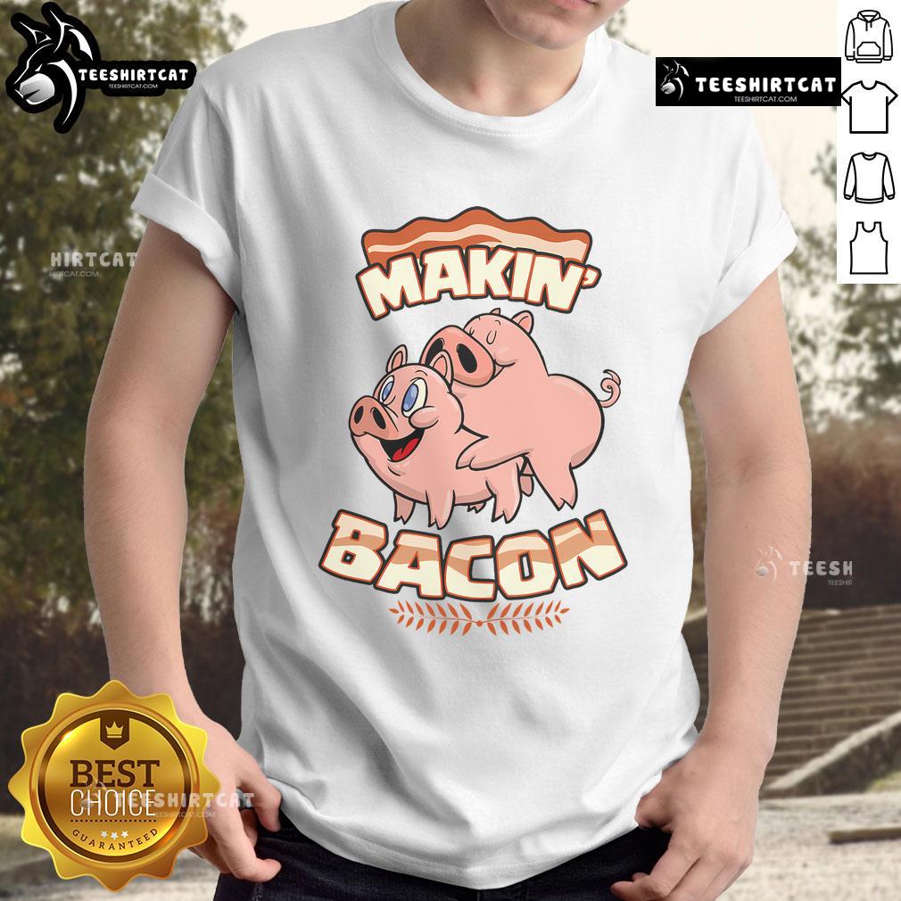 Funny Makin Bacon Pig Meatatarian T-Shirt featuring a zany brainy design and metallic star ornament for meat lovers.