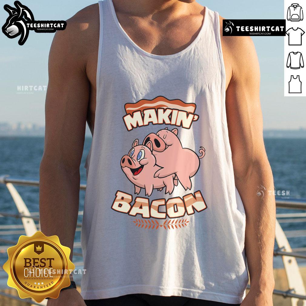Funny 'Makin' Bacon' pig tank top featuring a zany metallic star ornament for meatatarians and humor lovers.