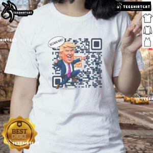 Funny QR code design featuring President Trump dancing, perfect for MAGA fans and 2024 supporters on a ladies tee.