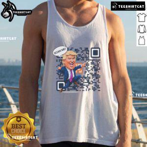 Funny QR code design featuring President Trump dancing on a MAGA 2024 tank top, perfect for supporters and humor lovers.