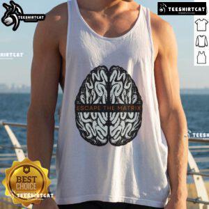 Model wearing a Good Escape The Matrix brain tank top, showcasing a stylish design perfect for fans of sci-fi culture.