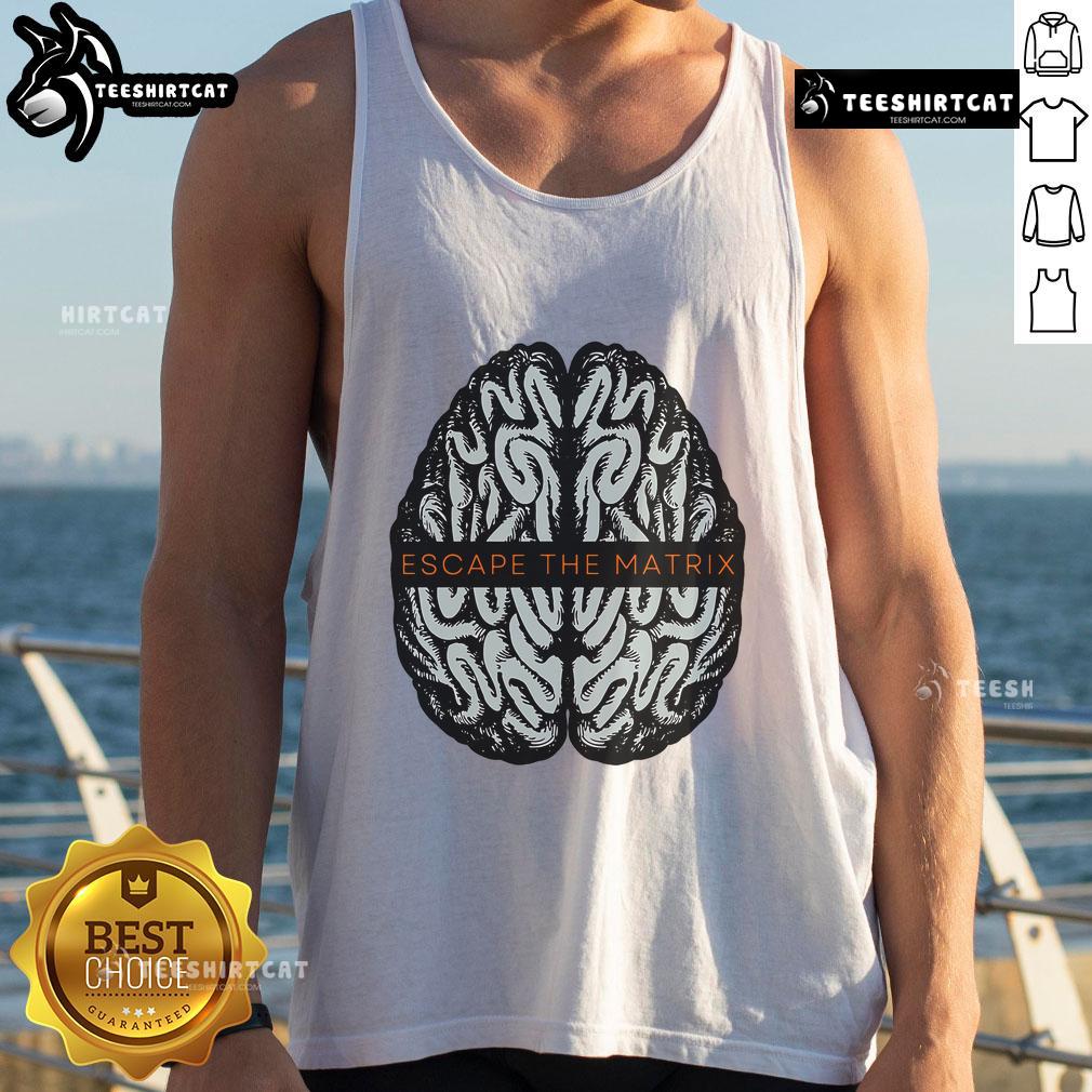 Model wearing a Good Escape The Matrix brain tank top, showcasing a stylish design perfect for fans of sci-fi culture.