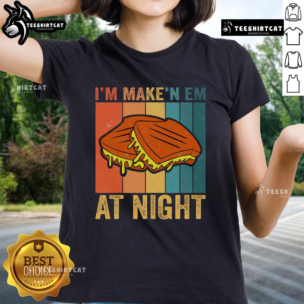 Vintage ladies tee featuring a 'Good I'm Making Em' meme with a grilled cheese sandwich, perfect for fast food lovers.