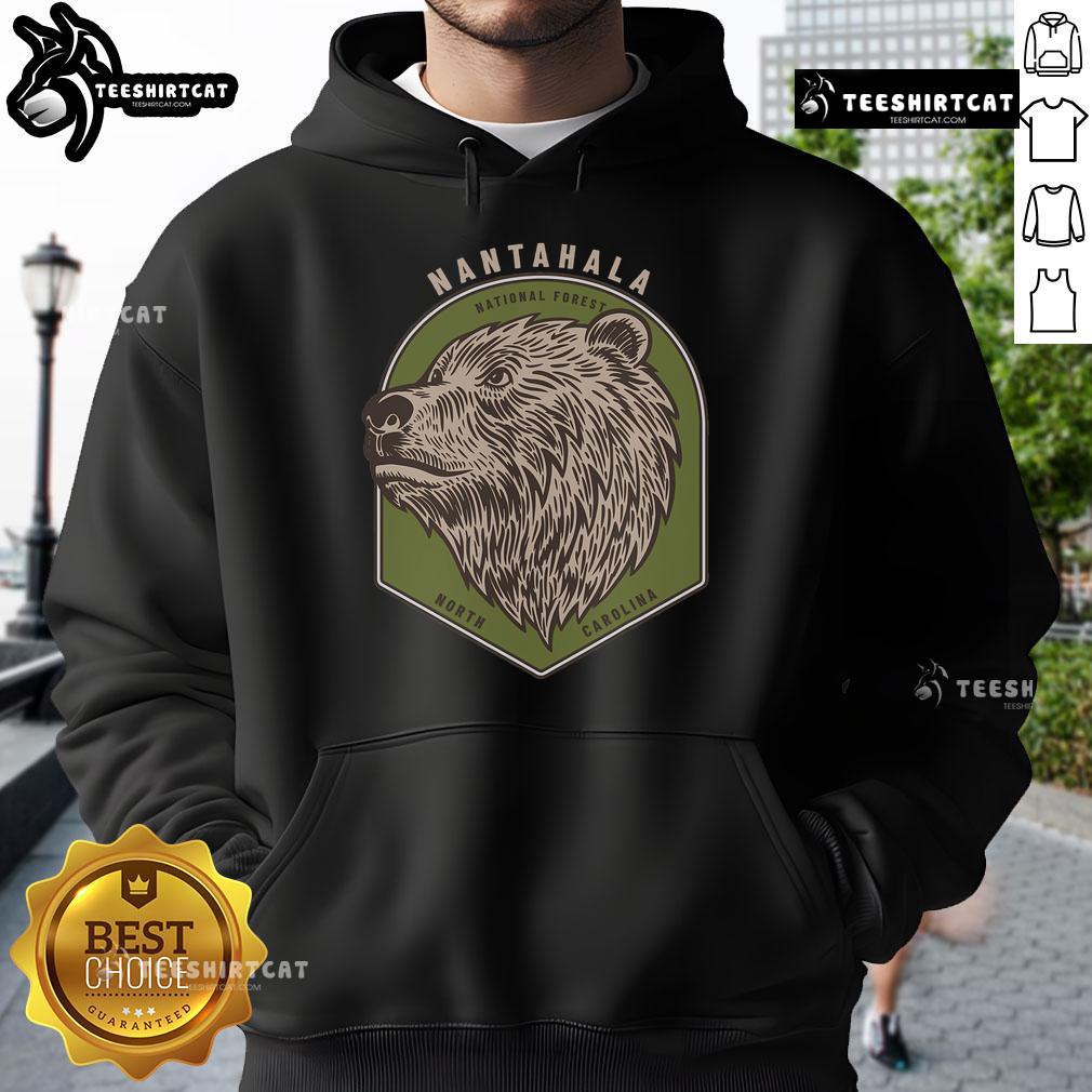 Cozy bear hoodie in Nantahala National Forest, North Carolina mountains, perfect for outdoor adventures and chilly weather.