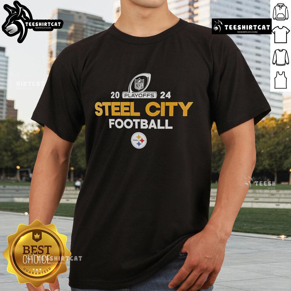 Alt Text: Good Steel City Football Pittsburgh Steelers 2024 NFL Playoffs T-Shirt featuring team colors and logo design.