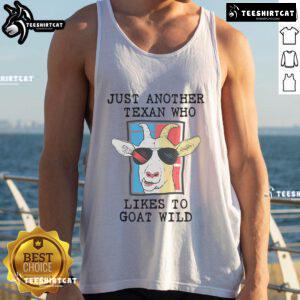 Good Texan goat rancher wearing a tank top, showcasing proud goat ownership on a Texas farm.