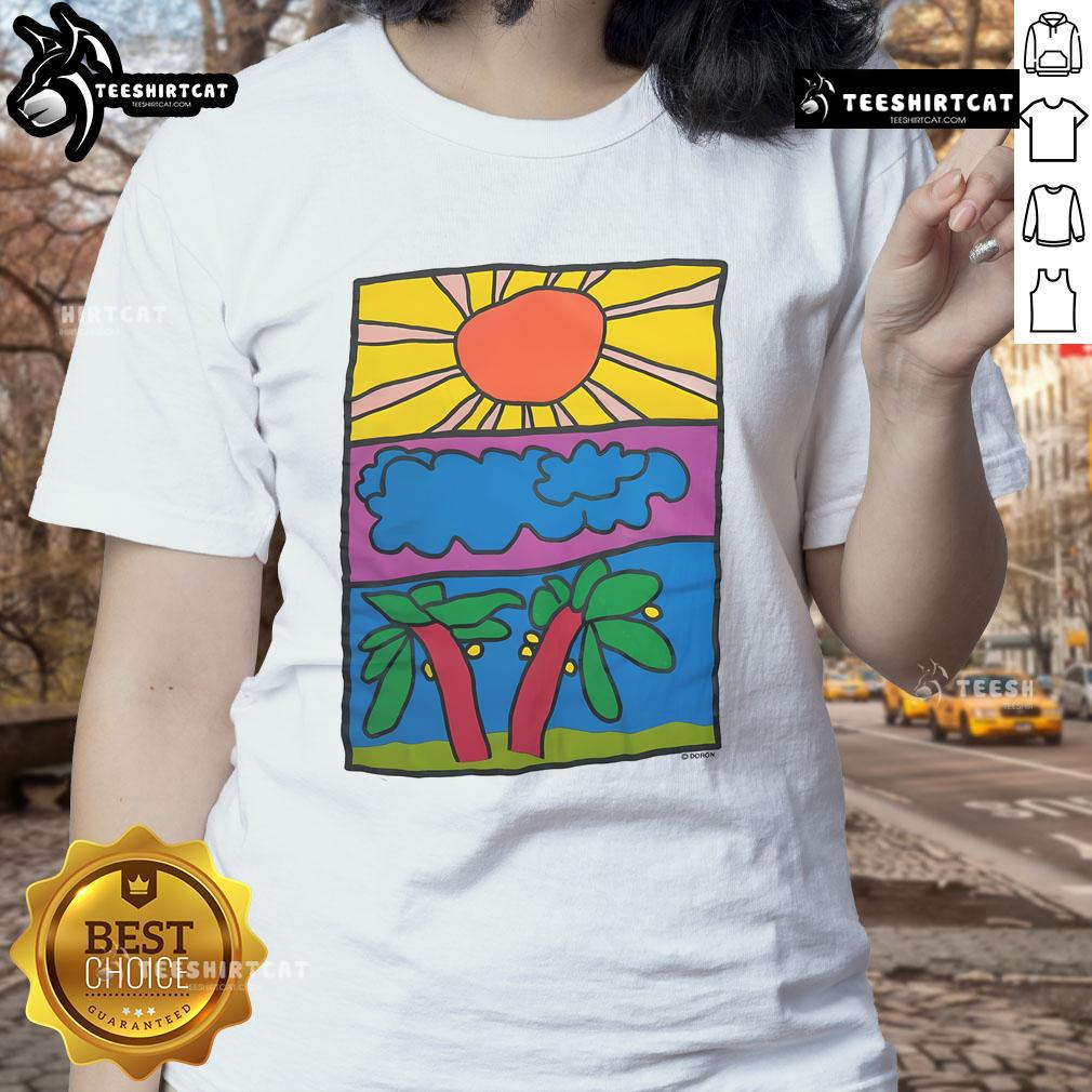 Good Vintage Doron Sun Light Cloud Nature Art Ladies Tee showcasing a serene landscape design with vibrant colors.