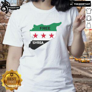 Hot Free Syria Help Syrian People Ladies Tee featuring a bold graphic supporting Syrian humanitarian efforts.