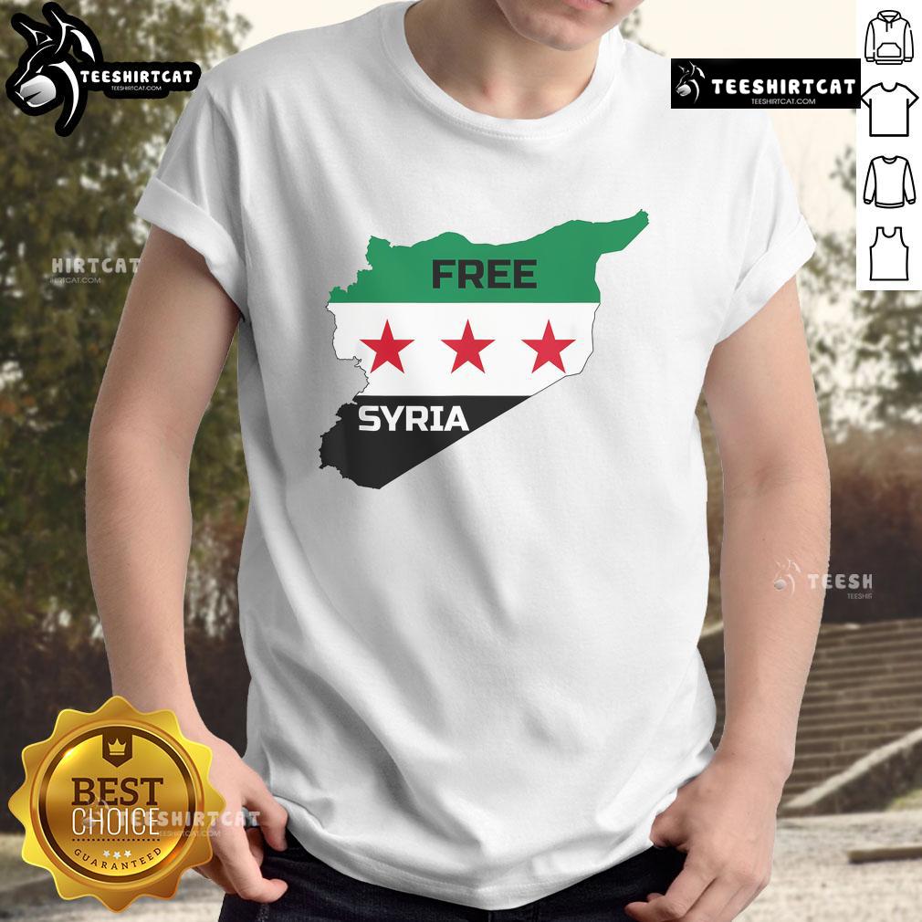 Hot Free Syria Help Syrian People T-Shirt design featuring bold text and vibrant colors supporting Syrian humanitarian aid.