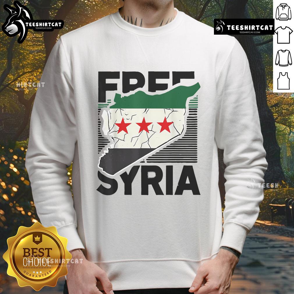 Hot Free Syria patriotic sweatshirt featuring the vibrant Syrian flag design, perfect for expressing support.