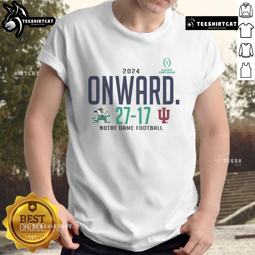 Hot Notre Dame Fighting Irish Kelly Green 2024 College Football Playoff First Round Score T-Shirt on display.